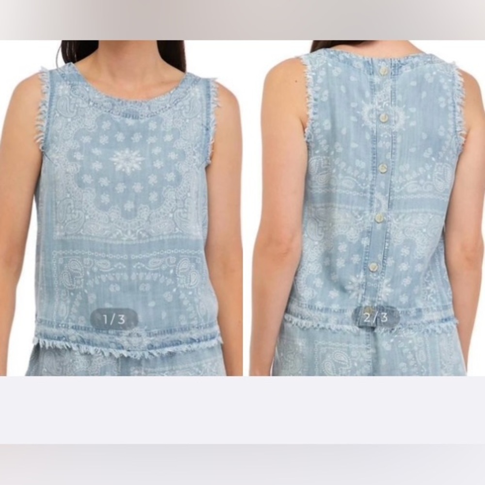 For The Republic Beach Tencel Chambray Frayed Button Back boho crop tank top M